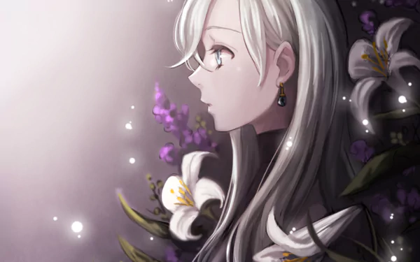 An HD desktop wallpaper featuring Elizabeth Liones from The Seven Deadly Sins anime. She has white hair and earrings, and is framed by flowers, creating a serene and enchanting atmosphere.