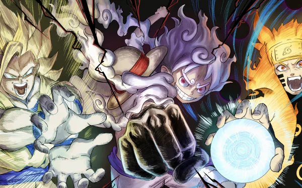 Vibrant 4K Ultra HD anime crossover wallpaper featuring Goku, Monkey D. Luffy, and Naruto Uzumaki in dynamic battle poses against a dark background.