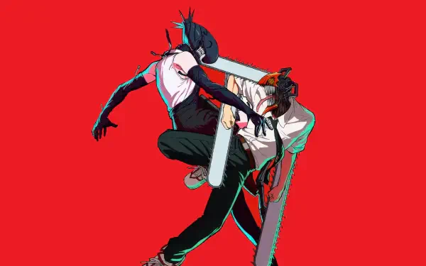 4K Ultra HD PC desktop wallpaper of the anime Chainsaw Man: Reze (Chainsaw Man) and Denji (Chainsaw Man) clash midair, chainsaw limbs flashing against a vivid red background.