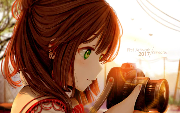 HD desktop wallpaper of an anime girl with green eyes, brown hair, holding a camera, set against a sunset background. Tags: Anime, girl, anime girl.