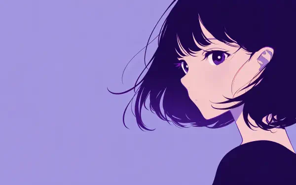 A minimalist anime girl with short hair gazes thoughtfully against a soft purple background, crafted as a 4K Ultra HD desktop wallpaper and background.