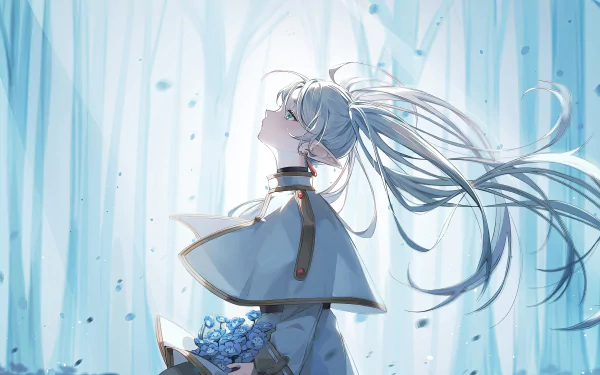 4K Ultra HD anime wallpaper featuring Frieren from Frieren: Beyond Journey's End, standing in a serene, blue-toned forest with flowing hair and a bouquet of flowers.