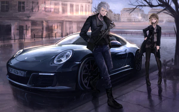 Anime-style HD wallpaper featuring characters with white and blonde hair. One character holds a gun, leaning against a sleek black car in an urban setting.