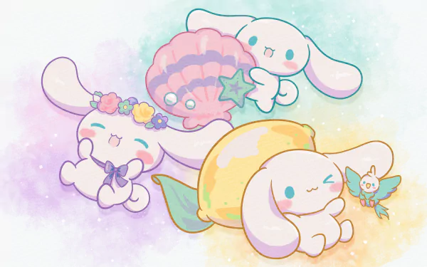 Anime-style HD PC desktop wallpaper featuring Cinnamoroll characters from Sanrio in a pastel-colored, whimsical setting with flowers, a lemon, and a starfish shell.