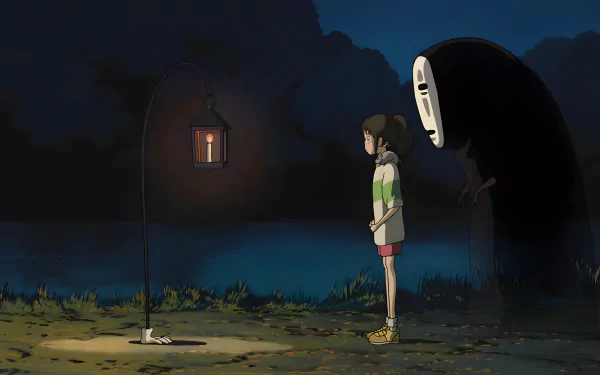 4K Ultra HD desktop wallpaper featuring a scene from Studio Ghibli's anime movie Spirited Away, showcasing detailed animation and modeling in a night setting.