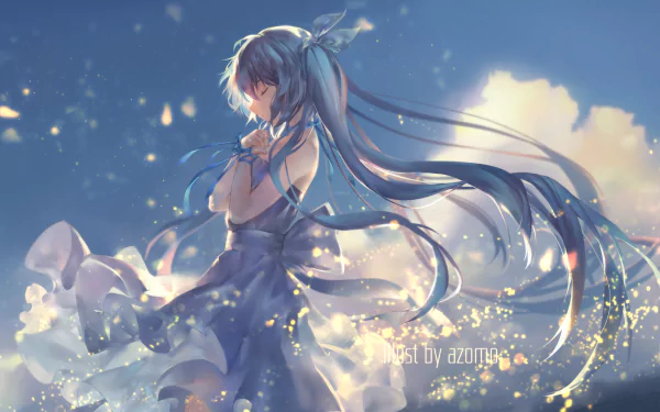 HD desktop wallpaper featuring Hatsune Miku, an anime and Vocaloid character, beautifully illustrated against a soft, glowing background with floating particles. Artwork by artist azami7.