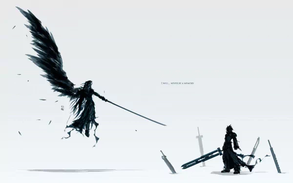 HD desktop wallpaper featuring an iconic scene from Final Fantasy VII: Advent Children with Sephiroth wielding a sword and spreading a black wing, facing Cloud Strife amid scattered swords.