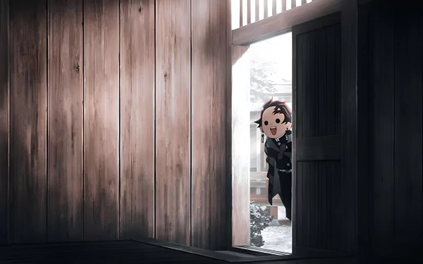 4K Ultra HD anime wallpaper featuring Tanjiro Kamado from Demon Slayer: Kimetsu no Yaiba peeking through a doorway in a traditional wooden building.