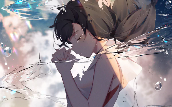 HD anime wallpaper of Hina Amano from Weathering with You, depicted with celestial and water effects in a dreamy, dynamic scene.