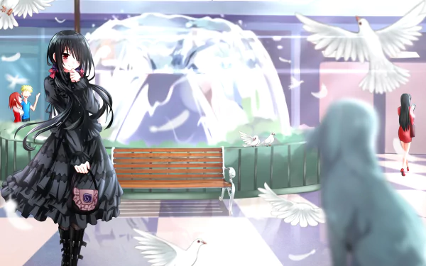 A stunning HD desktop wallpaper from the anime Date A Live, featuring a girl in a black dress amidst a serene background with doves and a fountain.