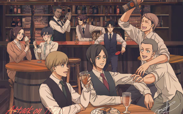 Anime-inspired 4K Ultra HD wallpaper featuring characters from Attack on Titan enjoying drinks in a bar setting, capturing a moment of camaraderie and celebration.