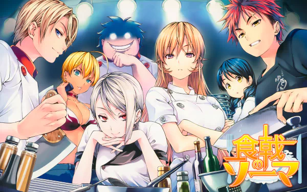 HD desktop wallpaper featuring characters from Food Wars: Shokugeki no Soma anime including Sōma Yukihira, Ikumi Mito, Takumi Aldini, Isami Aldini, Megumi Tadokoro, Alice Nakiri, and Erina Nakiri.
