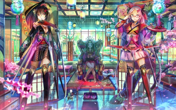 HD anime wallpaper featuring a warrior in a kimono with long hair and thigh-high boots, holding a katana, standing in an ornate room with a throne and vibrant decor.