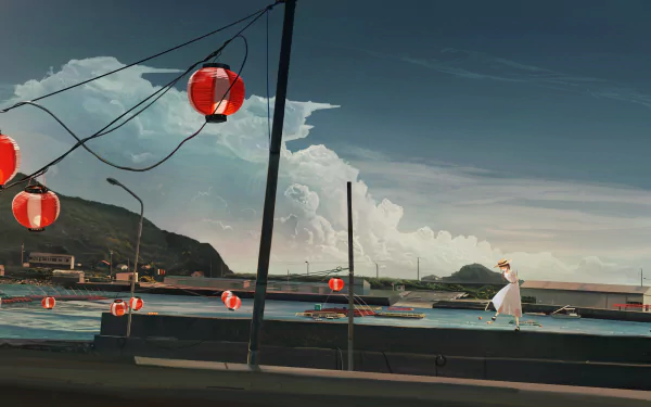 Anime-inspired HD original desktop wallpaper featuring a serene coastal scene with red lanterns hanging above and a person walking along the waterfront under a dramatic sky.