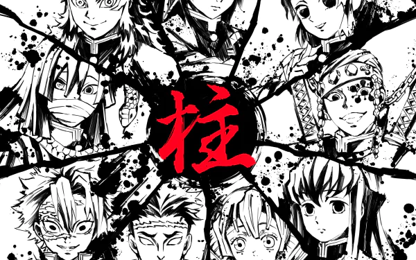 HD desktop wallpaper featuring illustrated characters Tengen Uzui, Shinobu Kochou, Sanemi Shinazugawa, Obanai Iguro, Muichiro Tokito, Mitsuri Kanroji, Kyojuro Rengoku, Gyomei Himejima, and Giyuu Tomioka from Demon Slayer: Kimetsu no Yaiba.