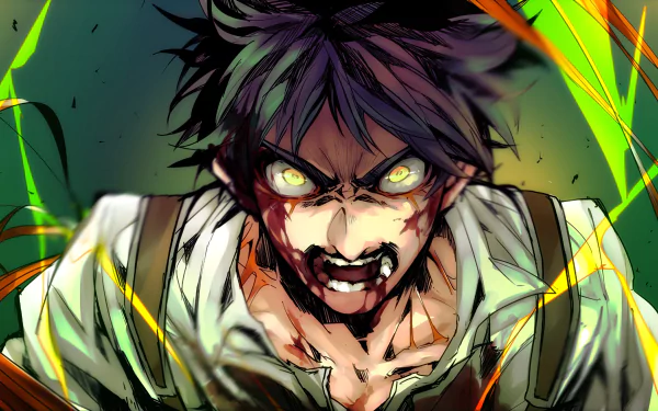 HD desktop wallpaper featuring Eren Yeager from the anime Attack on Titan. Eren is depicted in an intense, battle-ready stance with glowing eyes and a fierce expression.