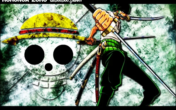 HD wallpaper featuring Roronoa Zoro from One Piece, showcasing his Santoryu sword style with the Straw Hat Pirates' Jolly Roger in the background.