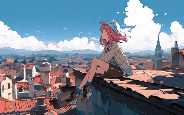 8K Ultra HD AI art of an anime girl with pink hair sitting on a rooftop, overlooking a detailed cityscape under a bright blue sky with fluffy clouds.