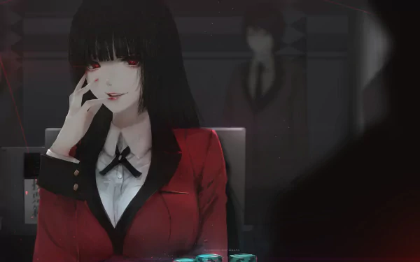 HD desktop wallpaper featuring Yumeko Jabami from Kakegurui. The anime character has long hair and red eyes, dressed in a red blazer with a white shirt.