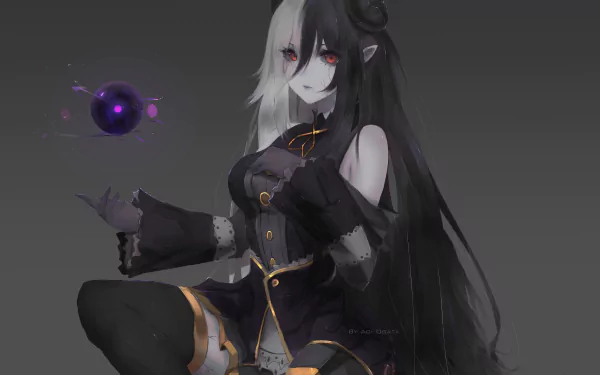 An anime girl with long two-toned black and white hair, red eyes, and a dark outfit with thigh highs holds a glowing magic orb. This HD desktop wallpaper showcases her mystical and captivating presence.