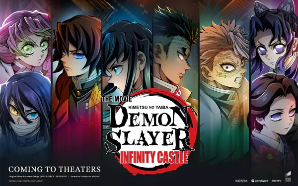 HD PC desktop wallpaper featuring key characters from the anime Demon Slayer: Kimetsu no Yaiba and the movie Demon Slayer: Infinity Castle.