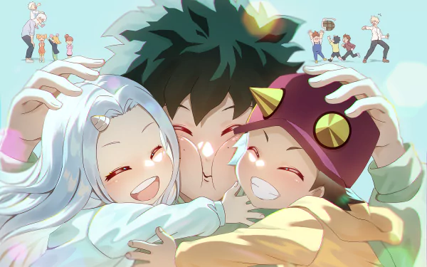 HD wallpaper of anime characters from My Hero Academia, featuring Izuku Midoriya with Eri and Kota Izumi. They are all smiling and embracing, creating a heartwarming scene.