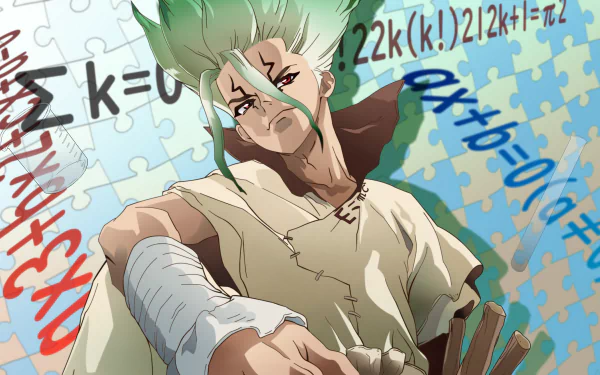 Anime-style 8K Ultra HD wallpaper of Senku Ishigami from Dr. Stone, featuring dynamic pose and scientific equations in the background.