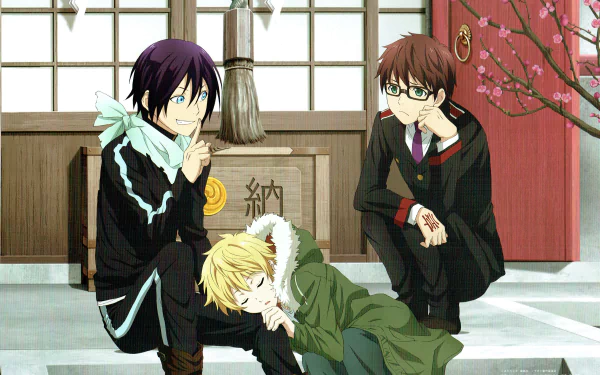 Anime characters Yato, Yukine sleeping, and Kazuma with glasses, from Noragami, against a traditional Japanese background. HD desktop wallpaper and background.