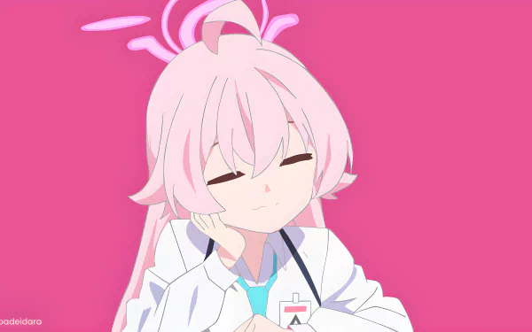 Anime-style 4K Ultra HD desktop wallpaper featuring Takanashi Hoshino from Blue Archive with pink hair and a white outfit against a vibrant pink background.
