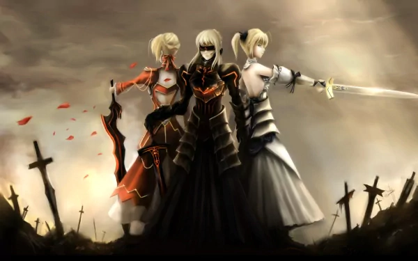 HD wallpaper featuring Saber Lily, Red Saber, and Saber Alter from Fate/Stay Night, standing together in a dramatic pose amidst a battlefield with crosses and a moody sky.