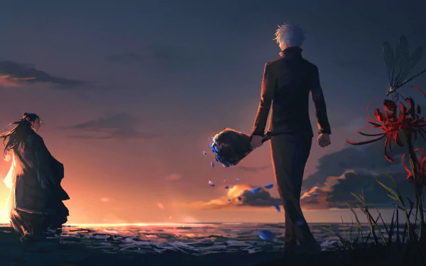 4K Ultra HD anime wallpaper featuring Suguru Geto and Satoru Gojo from Jujutsu Kaisen, standing by a dramatic seaside at sunset with vivid lighting.