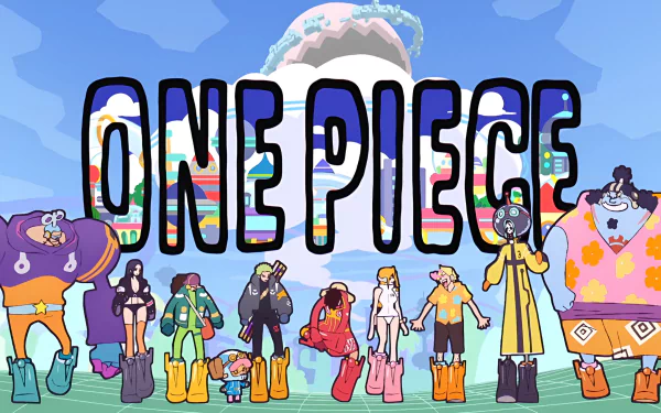 Anime One Piece HD PC desktop wallpaper featuring main characters lined up with a bright blue sky and ocean background.