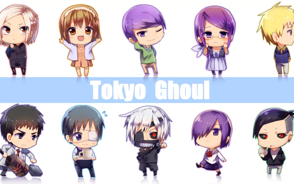 HD desktop wallpaper featuring chibi-style characters from the anime Tokyo Ghoul, including Akira Mado, Touka Kirishima, Hinami Fueguchi, Rize Kamishiro, Koutarou Amon, Hideyoshi Nagachika, Uta, Shū Tsukiyama, and Ken Kaneki.