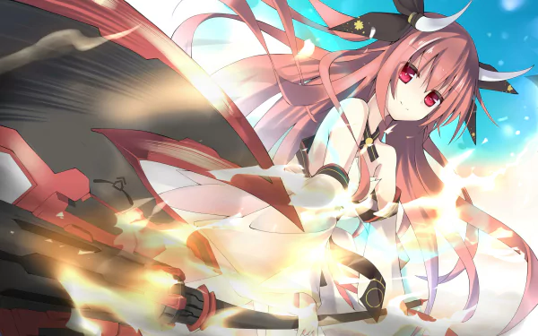 HD desktop wallpaper featuring Kotori Itsuka from the anime Date A Live. Kotori, with her fiery red eyes and long hair, is shown in an intense action pose surrounded by dynamic light effects.
