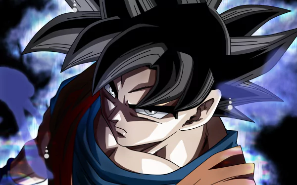 HD wallpaper featuring Goku from Dragon Ball Super, showcasing an intense, focused expression with his spiky black hair and a vibrant, dynamic background.