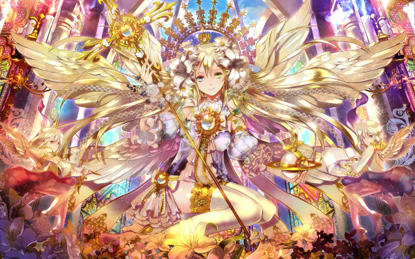 HD wallpaper of a cute anime angel with long hair, wings, and thigh highs, holding a staff, amidst a scenic floral backdrop.