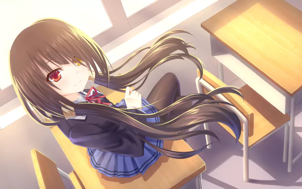 Anime character Kurumi Tokisaki from Date A Live, with heterochromia, long brown hair, and wearing a school uniform, sits by a desk in this HD desktop wallpaper.