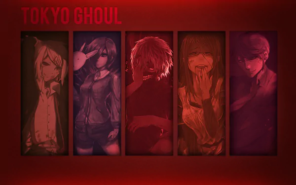 HD desktop wallpaper featuring characters Ken Kaneki, Juuzou Suzuya, Shū Tsukiyama, Rize Kamishiro, and Touka Kirishima from the anime Tokyo Ghoul. The background has a dark red theme with the title Tokyo Ghoul.