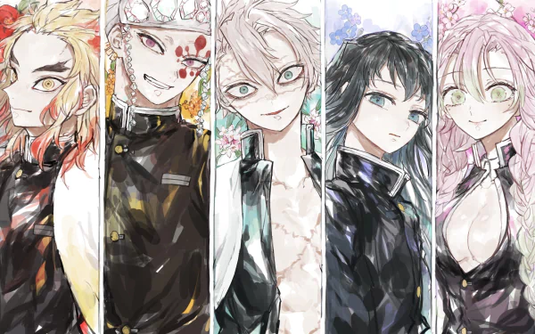 HD PC desktop wallpaper featuring five characters from the anime Demon Slayer: Kimetsu no Yaiba, each portrayed in vibrant, detailed anime art style.