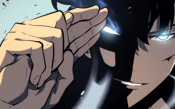 HD desktop wallpaper of Sung Jin-Woo from the anime Solo Leveling, featuring a close-up of his intense gaze with a hand gesture, highlighting his determined expression.