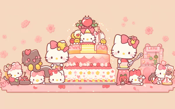 HD desktop wallpaper featuring Hello Kitty and friends from Sanrio celebrating with a large cake on a soft pink floral background.
