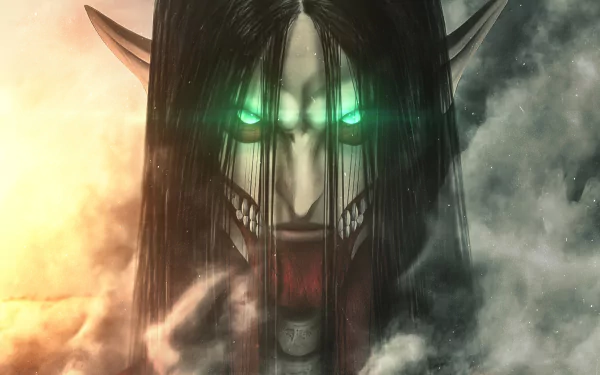 4K Ultra HD PC desktop wallpaper featuring the Founding Titan from the anime Attack on Titan, with glowing green eyes and a menacing expression through smoky surroundings.