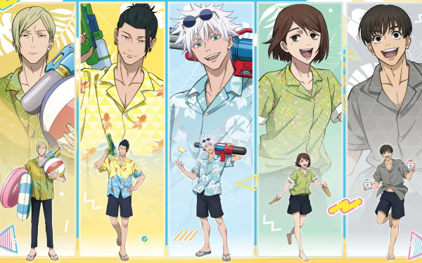 Anime-style 4K Ultra HD PC desktop wallpaper featuring five Jujutsu Kaisen characters in colorful summer outfits holding water guns and playful accessories.