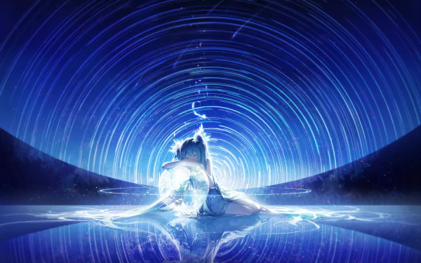 HD desktop wallpaper featuring Hatsune Miku with blue hair, sitting under a time-lapse sky, her reflection mirrored on a glossy surface, creating a captivating visual in a serene, vibrant setting.