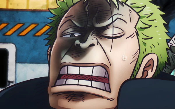Close-up of Roronoa Zoro from One Piece with a tense expression, rendered in vibrant anime style for a 4K Ultra HD PC desktop wallpaper.