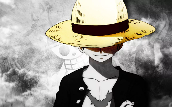 HD desktop wallpaper of an anime character from One Piece, featuring a person in a straw hat with a confident expression against a gray, smoky background with subtle character outlines.