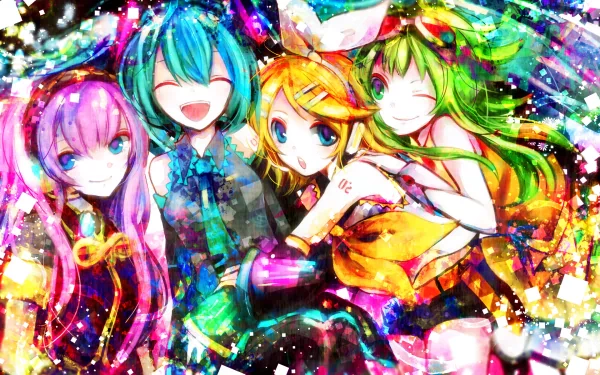 A vibrant HD desktop wallpaper featuring anime characters Rin Kagamine, Luka Megurine, GUMI (Vocaloid), and Hatsune Miku in a colorful and lively design.