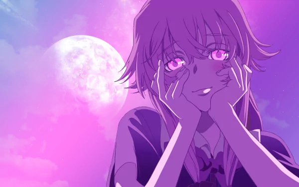 HD desktop wallpaper featuring Yuno Gasai from Mirai Nikki, under moonlight with a dreamy expression. The background showcases a full moon against a pink and purple night sky.