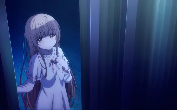 Mahiru Shiina from The Angel Next Door Spoils Me Rotten stands quietly in soft moonlight, captured in this 8K Ultra HD anime PC desktop wallpaper.