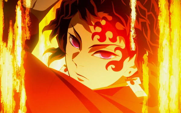 Anime character from Demon Slayer: Kimetsu no Yaiba framed by vibrant flames in an intense HD desktop wallpaper background.